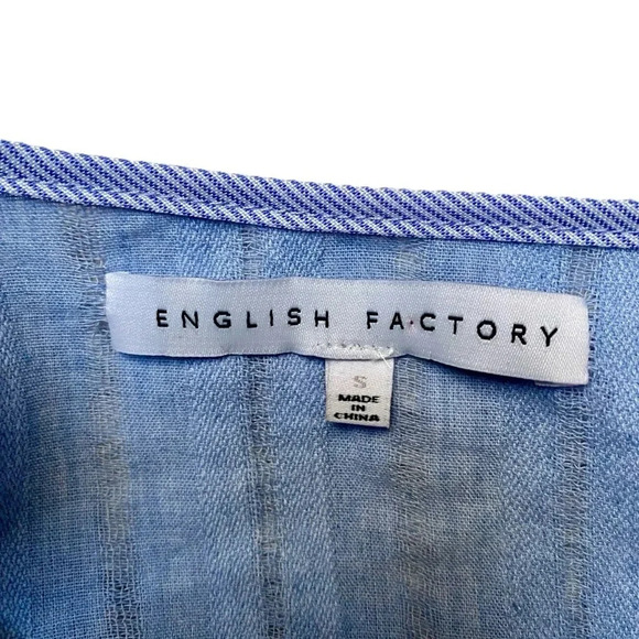 English Factory Blue Pom Pom Tie Top Tiered Sleeve Blouse Size Small - Picture 15 of 16